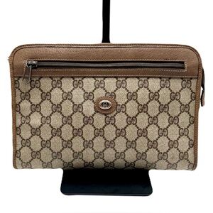 GUCCI GG Supreme Clutch Bag Purse Beige Brown Monogram Gold Hardware